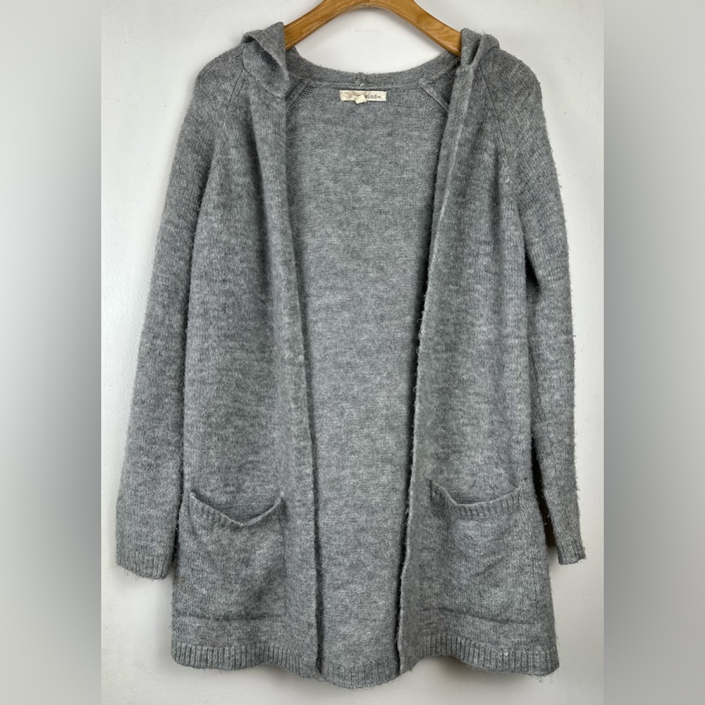 Rewind Women’s Cardigan Sweater S Gray Open Front Hooded Longline Knit w/Pockets